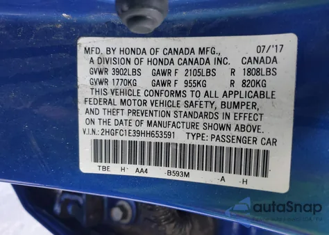 2017 Honda Civic Ex-T z USA, uszkodzony, nr VIN 2HGFC1E39HH653591